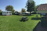 Camping De Maashoeve  - Wohnwagen auf Stellplätzen vom Campingplatz und Picknicktische mit und ohne Überdachung